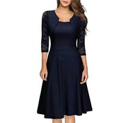 Nuevo Vestido de Fiesta de otoño para Mujer, Vestidos Formales de Encaje Floral con Manga 3/4 de Color sólido para Invitados de Boda, Elegante-Azul Oscuro-S