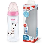 NUK biberón First Choice+ Flow Control | 6-18 meses | Control de temperatura | Chupete de silicona | Válvula anticólicos | Sin BPA | 360 ml | Rosa | 1 unidad
