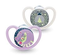 NUK Chupete Space Night de 0 a 6 meses, chupete con efecto brillante con ventilación adicional, silicona BPA, gato y luciérnagas, paquete de 2