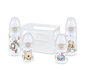 NUK Disney Winnie The Pooh First Choice + Baby Bottle Starter Set 4 biberones anticólicos (2 de 150 ml y 2 de 300 ml) con control de temperatura, caja de tetina de silicona BPA