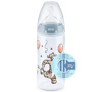 NUK First Choice+ Biberón de 300 ml con tetina de silicona para bebés de 0-6 meses, válvula anticólicos, libre de bisfenol A y con indicador de temperatura (azul)