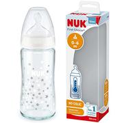 NUK First Choice+ biberón de cristal | 0-6 meses | Control de temperatura | Tetina de silicona | Válvula anticólicos | Sin BPA | 240 ml