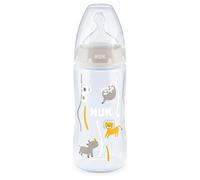NUK First Choice+ - Biberón para bebés de 6 a 18 meses, control de temperatura, control de flujo, válvula anticólicos, 300 ml, sin BPA, tetina de silicona, Safari (neutro)
