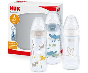 NUK First Choice+ biberones | 0-6 meses | 150 ml | Biberones anticólicos con tetina con forma anatómica de silicona | Control de temperatura | Sin BPA | Safari (azul) | 3 unidades
