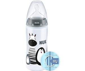 NUK First Choice+ - Botellas de plástico anticólicos para bebés de 6 a 18 meses, con control de temperatura, tetina de silicona, sin BPA, color gris, 300 ml, 1 unidad