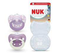 NUK First Choice Classic Day & Night Chupete para bebé, 6-18 meses, chupetes de ortodoncia que brillan en la oscuridad, 95% de aceptación de los bebés, color morado, paquete de 2