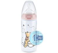 NUK First Choice+ Disney Biberón de 300 ml con tetina de silicona, para bebés de 0-6 meses, válvula anticólicos, libre de bisfenol A, diseño de Winnie Puuh (rosa)