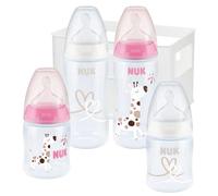 NUK First Choice+ - Juego de botellas para bebé (0 - 6 meses, 4 botellas con control de temperatura y caja para botellas), sistema de aire anticólico, sin BPA, 5 piezas, color rosa
