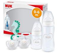 NUK First Choice+ kit de biberones para recién nacidos, 0-6 meses, 2 biberones First Choice+, 2 chupetes de silicona Genius y mordedor, válvula anticólico, Sin BPA, Gris y blanco, 5 unidades