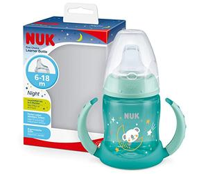 NUK First Choice Learner Bottle Night vaso aprendizaje bebe | 150 ml | Brilla en la oscuridad | Asas de fácil agarre y boquilla blanda | A prueba de fugas | 6-18M| Anticólicos | Sin BPA | Verde