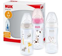 NUK First Choice+ set de biberones | 0-6 meses | Control de temperatura | Tetina de silicona | Válvula anticólico | Sin BPA | 300 ml | Rosa | 3 unidades