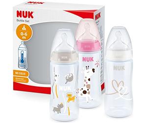 NUK First Choice+ set de biberones | 0-6 meses | Control de temperatura | Tetina de silicona | Válvula anticólico | Sin BPA | 300 ml | Rosa | 3 unidades