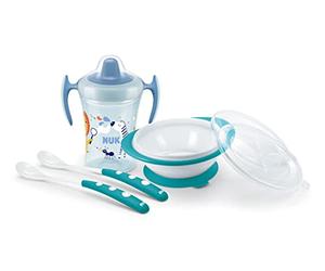 NUK Learn to Drink Set con biberón Trainer Cup (6M+) | Taza para sorber Magic Cup 360° (8M+) y taza para niños Action Cup (12M+) | 230 ml | sin BPA | Safari (azul)