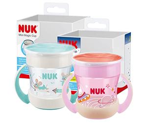 NUK Mini Magic Cup Night taza para sorber | +6 meses | 160 ml | Borde a prueba de derrames de 360° para beber desde cualquier lado | Brilla en la oscuridad | Sin BPA | Conejito (rosa) | 2 unidades