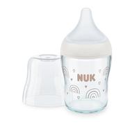 NUK Perfect Match - Botella de cristal con tetina de silicona suave, 120 ml, a partir de 0 meses, sin BPA, anticólico, con control de temperatura, color blanco