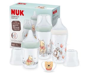 NUK Perfect Match Set de biberones | +0-6 meses | Se adapta al bebé como el pecho de mama | 3 biberones anticólico y chupete Space | Winnie the Pooh de Disney | 4 uds.