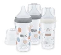 NUK Perfect Match Set de biberones | +3 meses | Se adapta al paladar | Control de temperatura | Ventilación anticólico | 260 ml | Sin BPA | Tetina de silicona mediana | Arcoíris y Ramita | 3 uds.