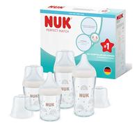 Set de biberones de cristal Perfect Match de NUK | +3 meses | Se adapta al paladar | Control de temperatura | Ventilación anticólico | 120 y 230 ml | Sin BPA | Tetinas de silicona | Arcoíris | 4 uds.