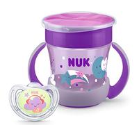 NUK Perfect Night Juego de vasos y chupetes con efecto luminoso | Mini Magic Cup Night vaso con asas (230 ml) | Chupete de silicona Freestyle Night | 6 meses | Violeta