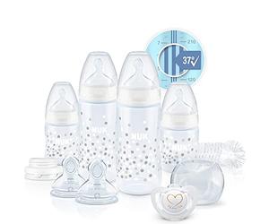 NUK Perfect Start First Choice+ Baby Bottles Set, 0-18 Months, 4 Temperature Control Bottles, Dummy, Bottle Brush & More, BPA-Free, 10 Count, White