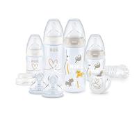 NUK Perfect Start First Choice+ Juego de biberones | 0-6 meses | 4 botellas de control de temperatura, maniquí, cepillo de botella y más | Sin BPA | Safari | 10 unidades