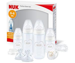 NUK Perfect Start First Choice+ set de biberones | 0-6 meses | 4 biberones anticólicos, 1 chupete, 1 cepillo para biberones y más | Sin BPA | 10 unidades