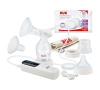 NUK Sacaleches eléctrico Soft & Easy | Cabezales de pecho de silicona 100% | Pequeño, ligero y silencioso | Batería para viajes | Cabezales de pecho de 24 mm y 27 mm | 1 biberón Perfect Match