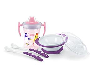 NUK Set de aprendizaje de comida | Trainer Cup Vaso para aprender a beber (230 ml) | Cuenco y cuchara para aprender a comer | a partir de 6 meses | Sin BPA | lila | 4 piezas