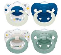 NUK Signature Day & Night chupete | 0-6 meses | Calma al 95 % de los bebés | Chupetes de silicona sin BPA en forma de corazón | Brilla en la oscuridad | Estrellas | 4 unidades
