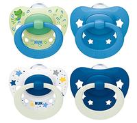 NUK Signature Day & Night chupete | 18-36 meses | Calma al 95 % de los bebés | Chupetes de silicona sin BPA en forma de corazón | Brilla en la oscuridad | Estrellas | 4 unidades