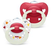 NUK Signature Night chupete | 0-6 meses | Calma al 95% de los bebés | Chupetes de silicona sin BPA en forma de corazón | Brilla en la oscuridad | Incluye funda | Corazones rojos | 2 unidades