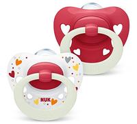 NUK Signature Night chupete | 6-18 meses | Calma al 95% de los bebés | Chupetes de silicona sin BPA en forma de corazón | Brilla en la oscuridad | Incluye funda | Corazones rojos | 2 unidades