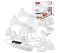 NUK Soft & Easy - Extractor de leche eléctrico doble | Cabezales de pecho de silicona 100% | Pequeño, ligero y silencioso | Batería para viajes | Cabezales de pecho de 24 mm y 27 mm | 2 biberones