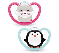 NUK Space chupete | 18-36 meses | Chupetes con ventilación adicional para pieles sensibles | Silicona sin BPA | gato/pingüino | 2 unidades