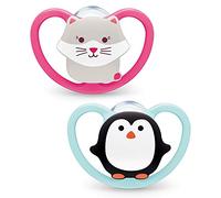 NUK Space Chupete, 6-18 meses, chupete con ventilación extra, silicona BPA, gato y pingüino, paquete de 2