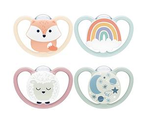 NUK Space Day & Night chupete | 0-6 meses | Chupetes que brillan en la oscuridad con ventilación adicional para pieles sensibles | Silicona sin BPA | Lobo y oveja | 4 unidades