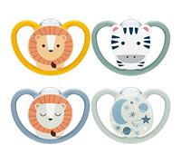 NUK Space Day & Night chupete | 6-18 meses | Chupetes que brillan en la oscuridad con ventilación adicional para pieles sensibles | Silicona sin BPA | Cebra y león | 4 unidades