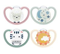 NUK Space Day & Night chupete | 6-18 meses | Chupetes que brillan en la oscuridad con ventilación adicional para pieles sensibles | Silicona sin BPA | Cebra y oveja | 4 unidades