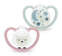 NUK Space Night - Chupete para bebé de 6 a 18 meses, chupetes que brillan en la oscuridad con ventilación adicional para pieles sensibles, silicona sin BPA, oveja y luna, 2 unidades