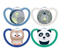 NUK Space y Space Night chupete | 6-18 meses | Chupetes que brillan en la oscuridad con ventilación adicional para pieles sensibles | Silicona sin BPA | Búho y panda | 4 unidades