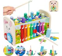 Nukdey Juguete Martillo de Madera con Pesca | Xilófono | Engranajes Móviles | Reloj | Juguete | Clavijas de Mazo Juguetes de Golpe y Xilófono Juguetes Musicales de Madera para Bebé Niño