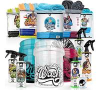 Nuke Guys - 3 cubos con GritGuard - Champú para coche - Limpiador de llantas - Detallador - Brillo de neumáticos - Paño seco - Paños de pulido - Guantes de lavado Llantas Microfibra Set - Vaso medidor
