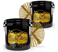 Nuke Guys Golden Bucket, Fallout - Used Look Edition - 2 cubos de lavado GritGuard de 13 litros y 2 insertos para cubo GritGuard en color dorado - Cubo de lavado de coches con tamiz de suciedad para