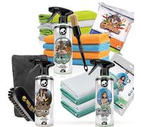 Nuke Guys Limpiador interior coche paquete prémium | Limpiador de tapicería 0,5L + limpiador de cristales 0,5L + 8 paños de microfibra + 2 paños de gofre + 2 guantes + 2 ambientadores + cepillo