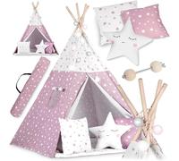 NUKIDO Tipi Infantil de algodón y Marco de Madera con Estera Aislante, 3 Cojines, Guirnalda aireada, 120 x 120 x 165 cm, Rosa con Estrellas