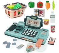 NUKied Caja registradora para niños, tienda de juegos, juego de juguetes electrónicos, juguete clásico con sonido, escáner, tarjeta de crédito de simulación, regalo verde para niños y niñas