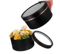 NULYLU 2 Piezas Paquete de redondo con agujeros tipo ventana cajas de flores presentes jardineras para ramos dulces cajas con tapas cajas de flores para un ramo papel cuché Negro