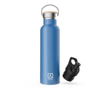 NUMADA-Botella Térmica Acero Inox 600ml Azul Estanca con Doble Pared al Vacío y Recubrimiento Cerámico. Mantiene Frío 24H y Calor 12H|Boca Ancha|Libre BPA|Incluye 2 Tapones (1 Sport)/Bolsa Transporte