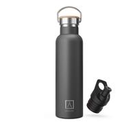 NUMADA-Botella Térmica Acero Inox 600ml Negro Estanca con Doble Pared al Vacío y Recubrimiento Cerámico. Mantiene Frío 24H y Calor 12H|Boca Ancha|Libre BPA|Incluye 2 Tapones (1 Sport)/Bolsa Transporte