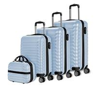 NUMADA-Juego de Maletas Rígidas 4pzs. Cabina 53cm, Mediana 63cm, Grande 75cm y Neceser. Set de Maletas de Viaje ABS Eco Friendly, 4 Ruedas Dobles, Cierre Combinación (Azul)